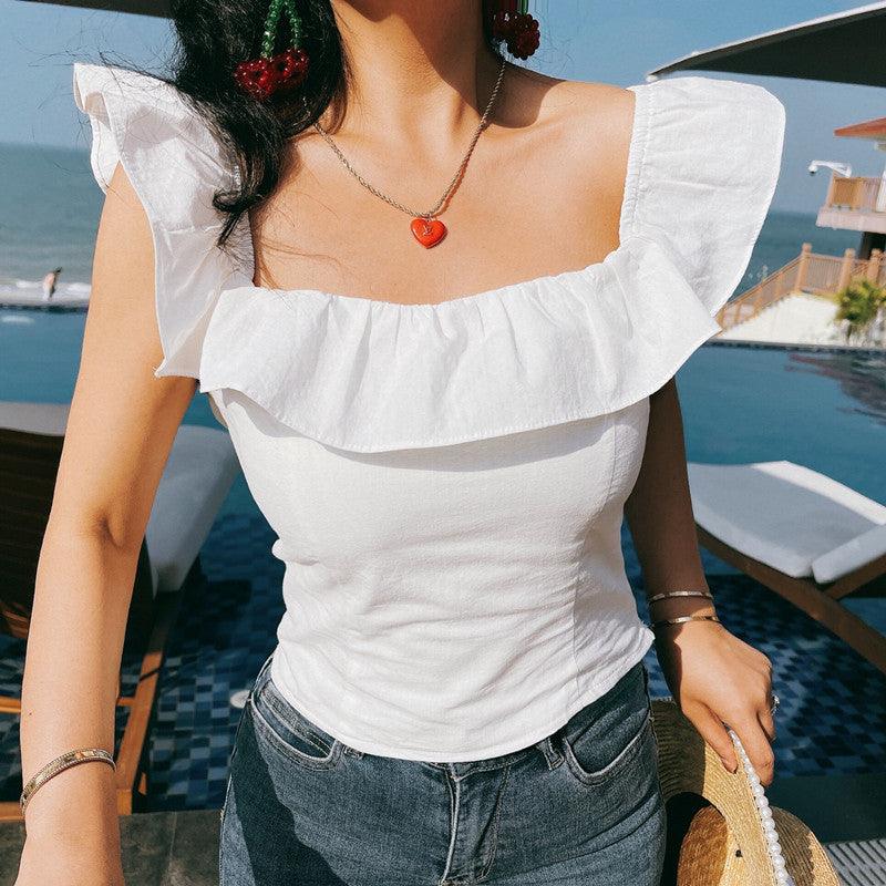 Maxct Retro Niche Ruffled White Sleeveless Shirt