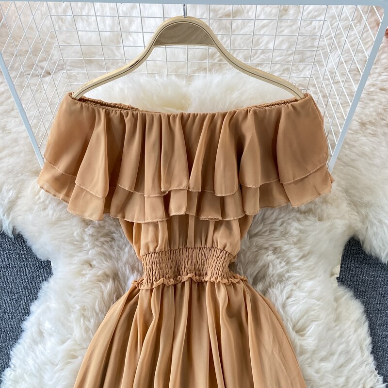 Chiffon Dress Women Sexy Slash Neck Ruffle Robe Elegant Ruffle High Waist Vestidos Female Beach Vacation New