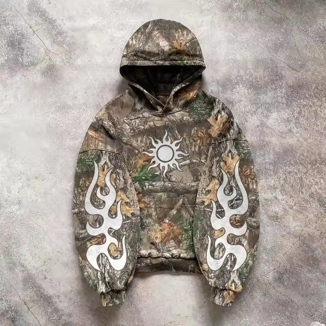 Maxct Camouflage Hooded Coat Sweater Loose New Printed Men's and Women's Pullover Street Fashion Y2K Retro