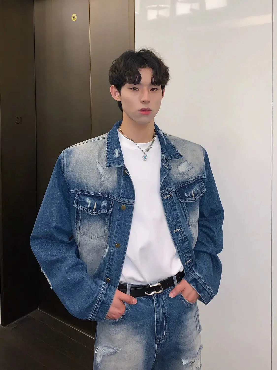 Maxct Blue Denim Jacket & Ripped Wide-leg Jeans