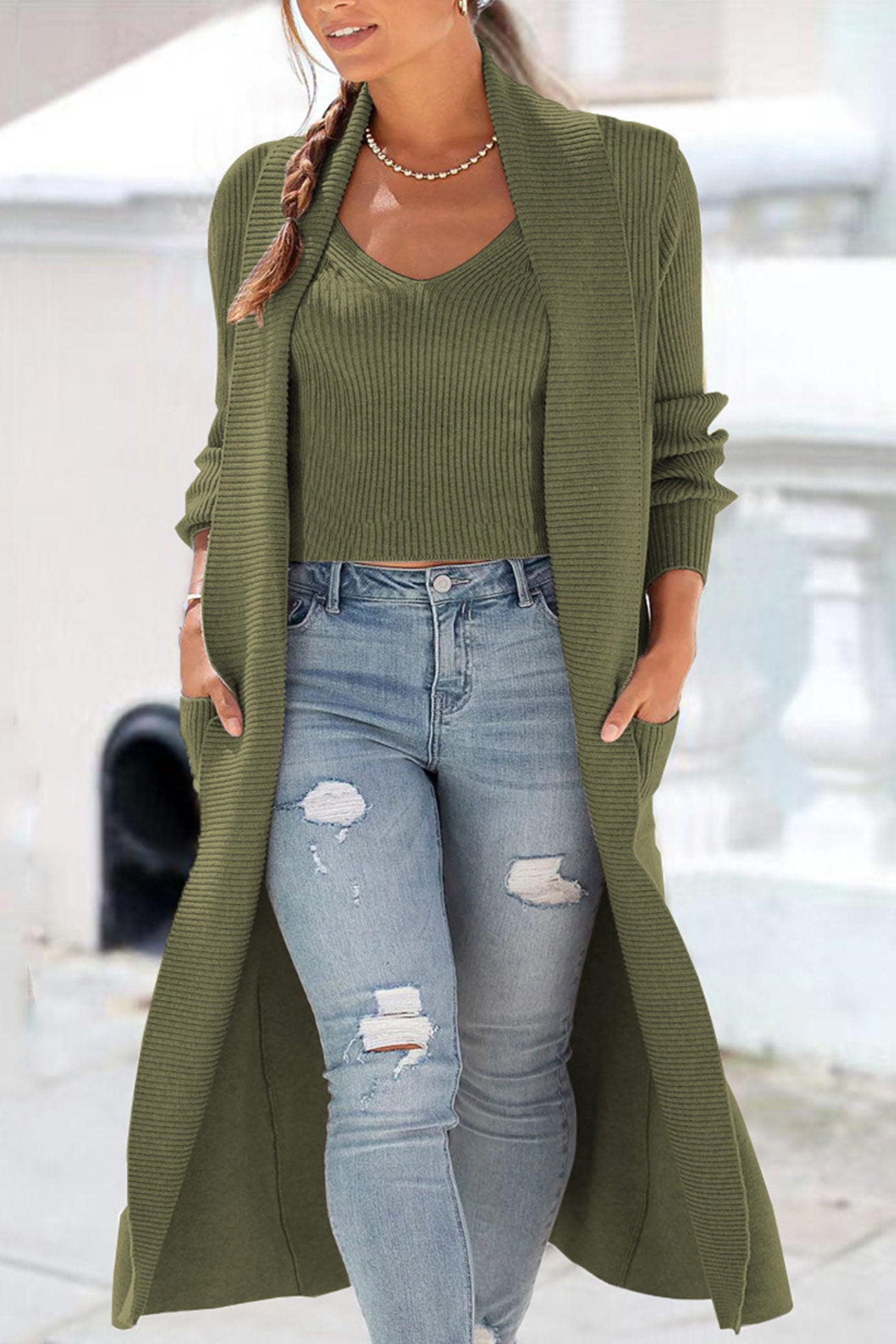 Maxct Ribbed Knit Vest Cardigan Two-piece Set