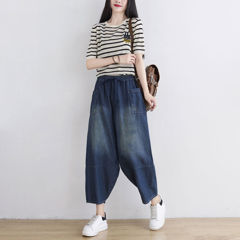 Women Spring Summer Retro Loose Denim Pants