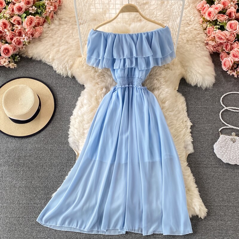 Chiffon Dress Women Sexy Slash Neck Ruffle Robe Elegant Ruffle High Waist Vestidos Female Beach Vacation New