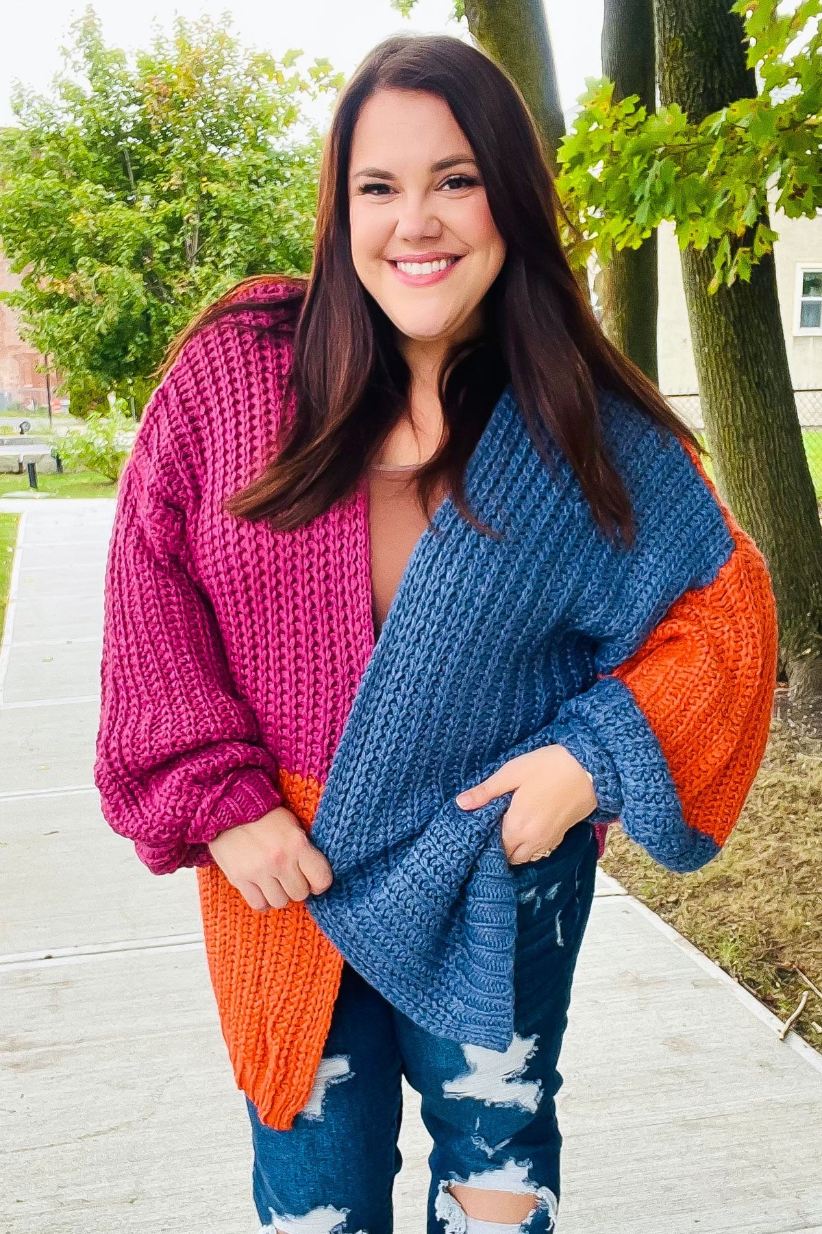 Maxct &Dazzle In Magenta & Navy Chunky Knit Color Block Cardigan