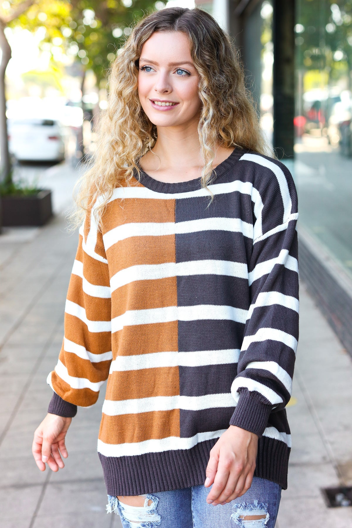 Maxct &Camel & Charcoal Striped Color Block Sweater