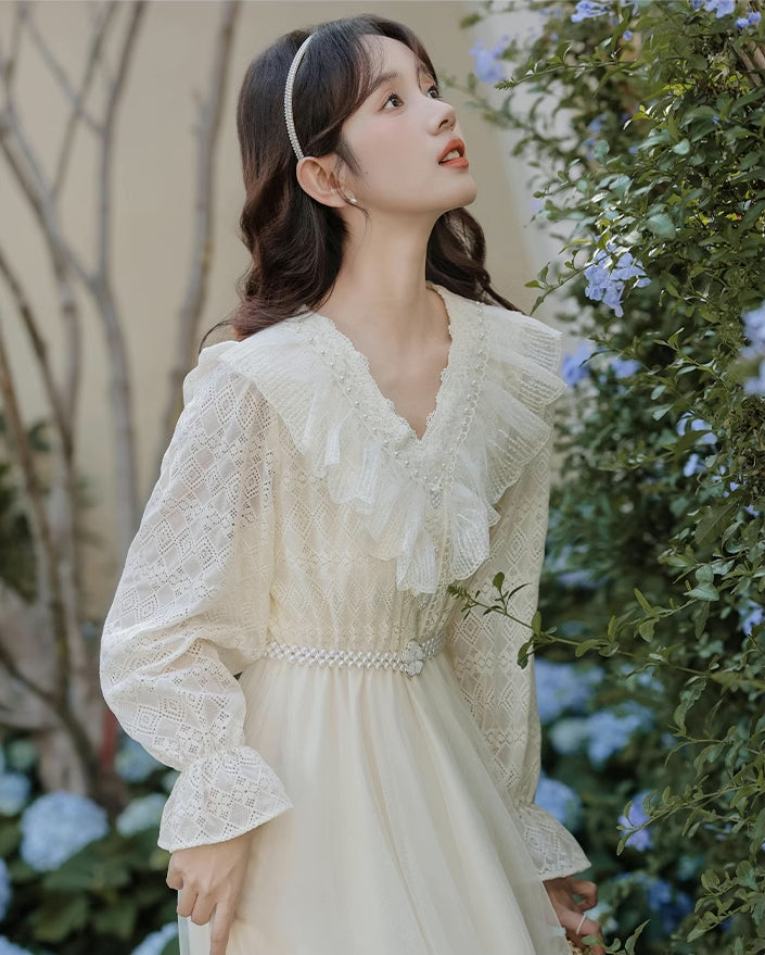 V-Neck Lace & Tulle Midi Dress Maxct