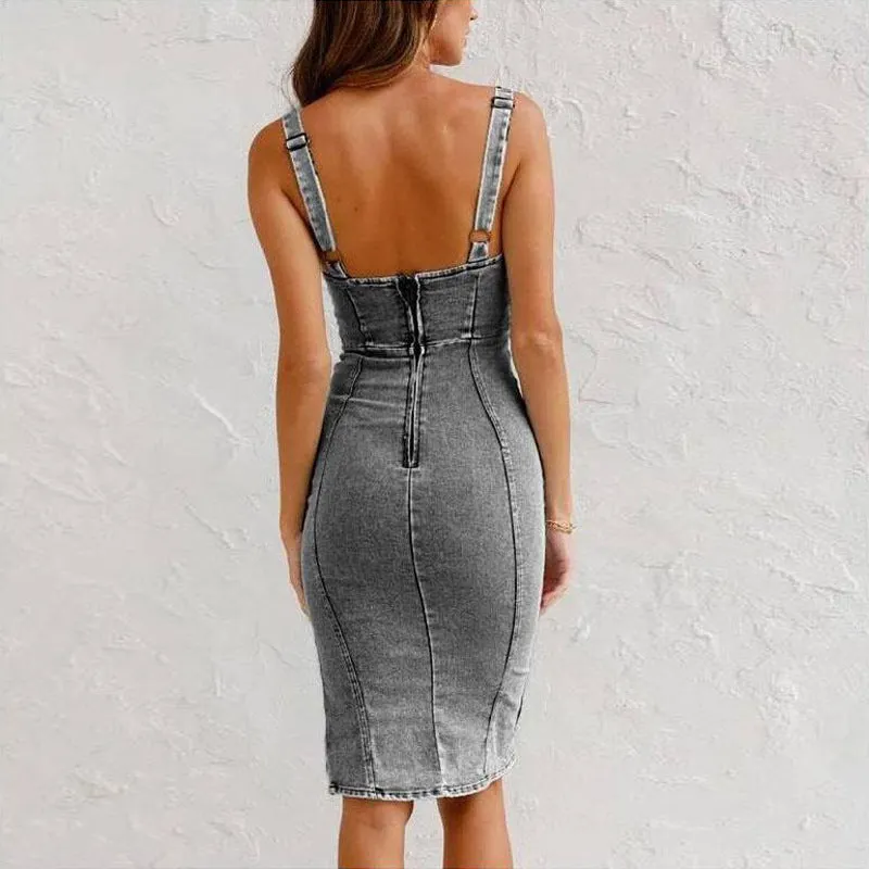 U-Neck Suspender Dress With Distressed Denim Slits Maxct