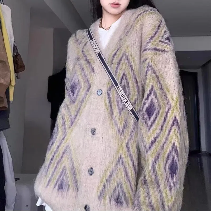 Maxct Argyle Print Fuzzy Oversized Button Cardigan