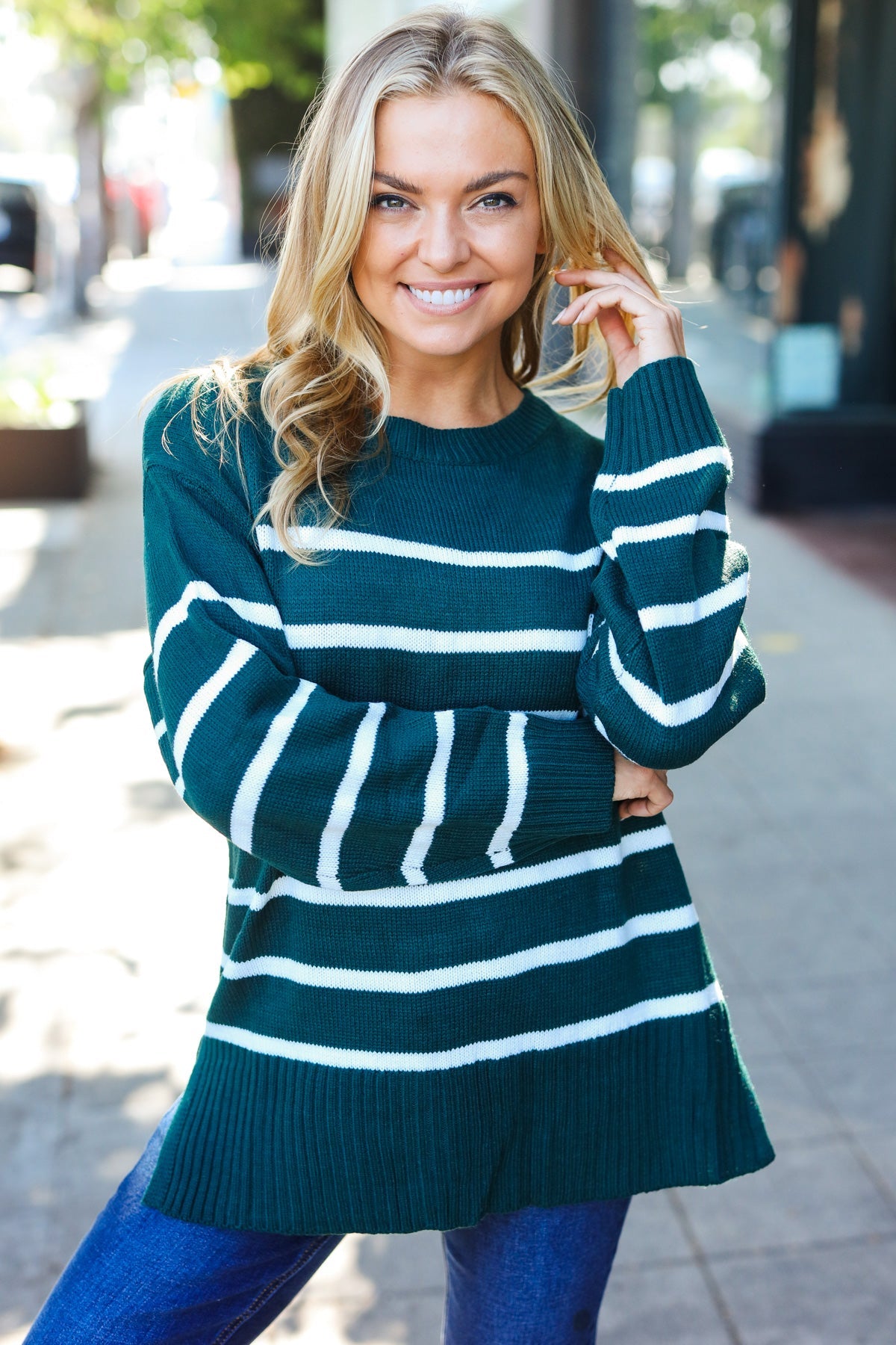 Maxct &Stand Out Hunter Green Striped Oversized Knit Sweater