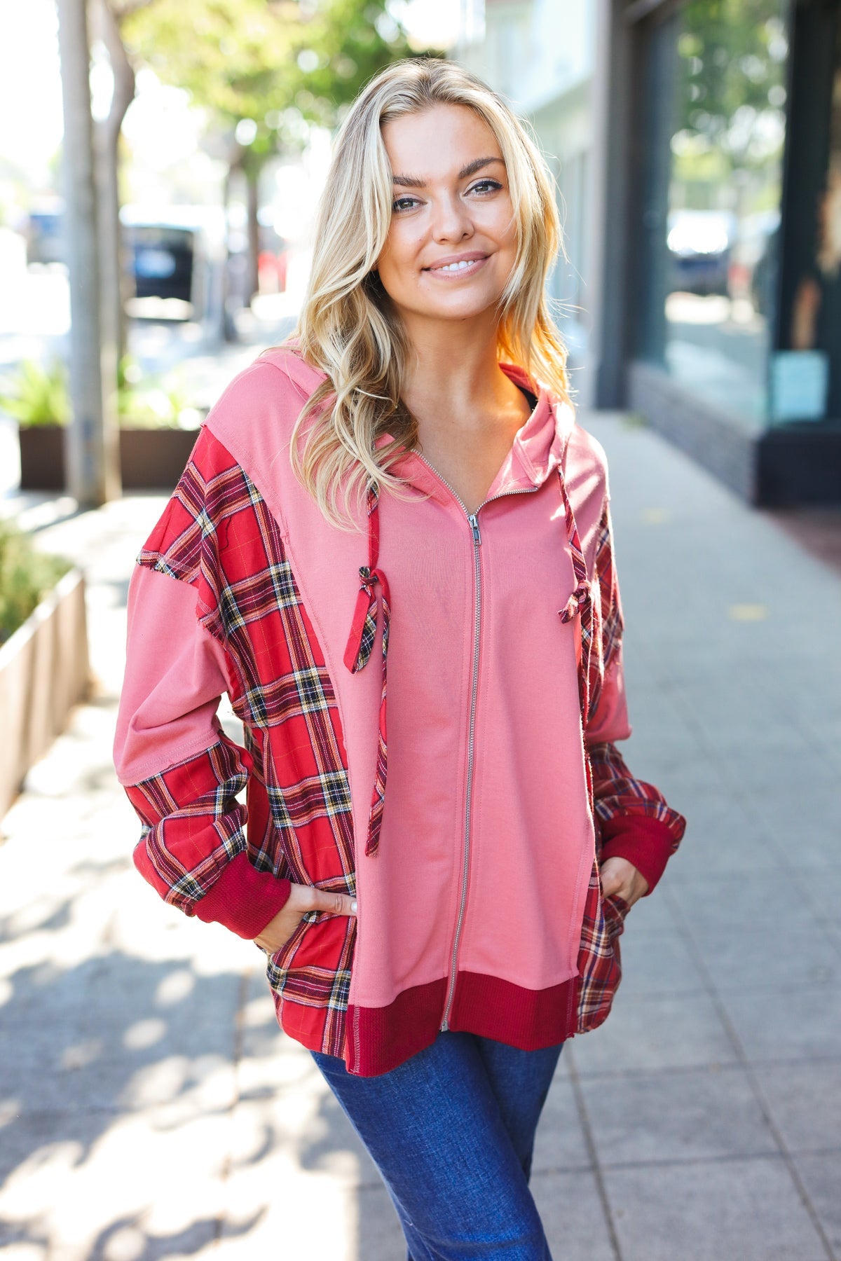 Maxct &Adorable in Marsala Plaid Color Block Zipper French Terry Hoodie