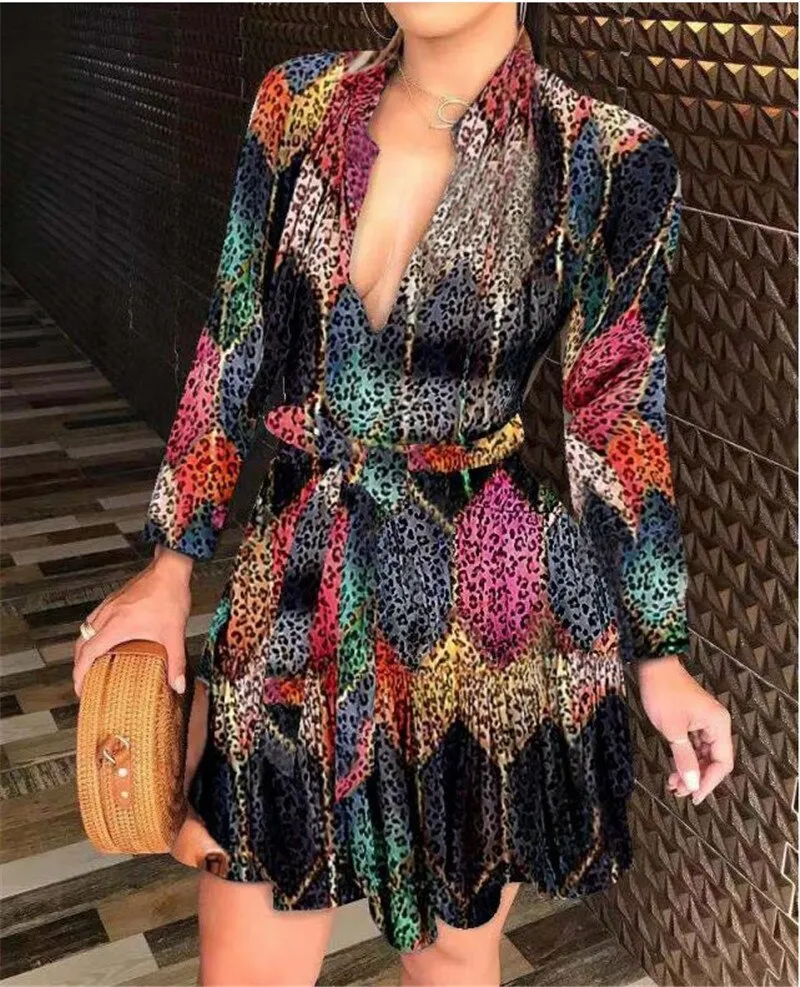 Women's Printed Long Sleeve Dress Casual Bandage Mini A-line Dresses Sexy Party Summer Feminias Vestidos Women Clothes
