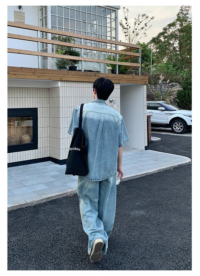 Maxct 90s Streetwear Niche Vintage Washed Padded Shoulder Short Sleeve Denim Shirt Spring And Summer New Korean Style Design Sense Shirt Coat Top - Image 9