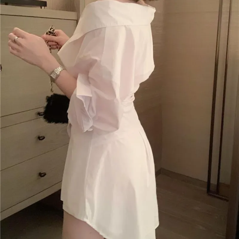 Maxct Sleeve Dresses Women Fashion New Sexy Ladies Off Shoulder White Solid Summer Female Mini Dress Leisure V-neck BF Irregular