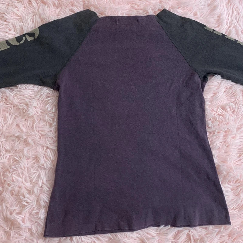 Maxct 2000s Retro Patchwork Long Sleeve Crop Top Hip Hop Harajuku T-shirt E-girl Punk Mall Grunge Emo Alt Clothes Women Pullovers Tees