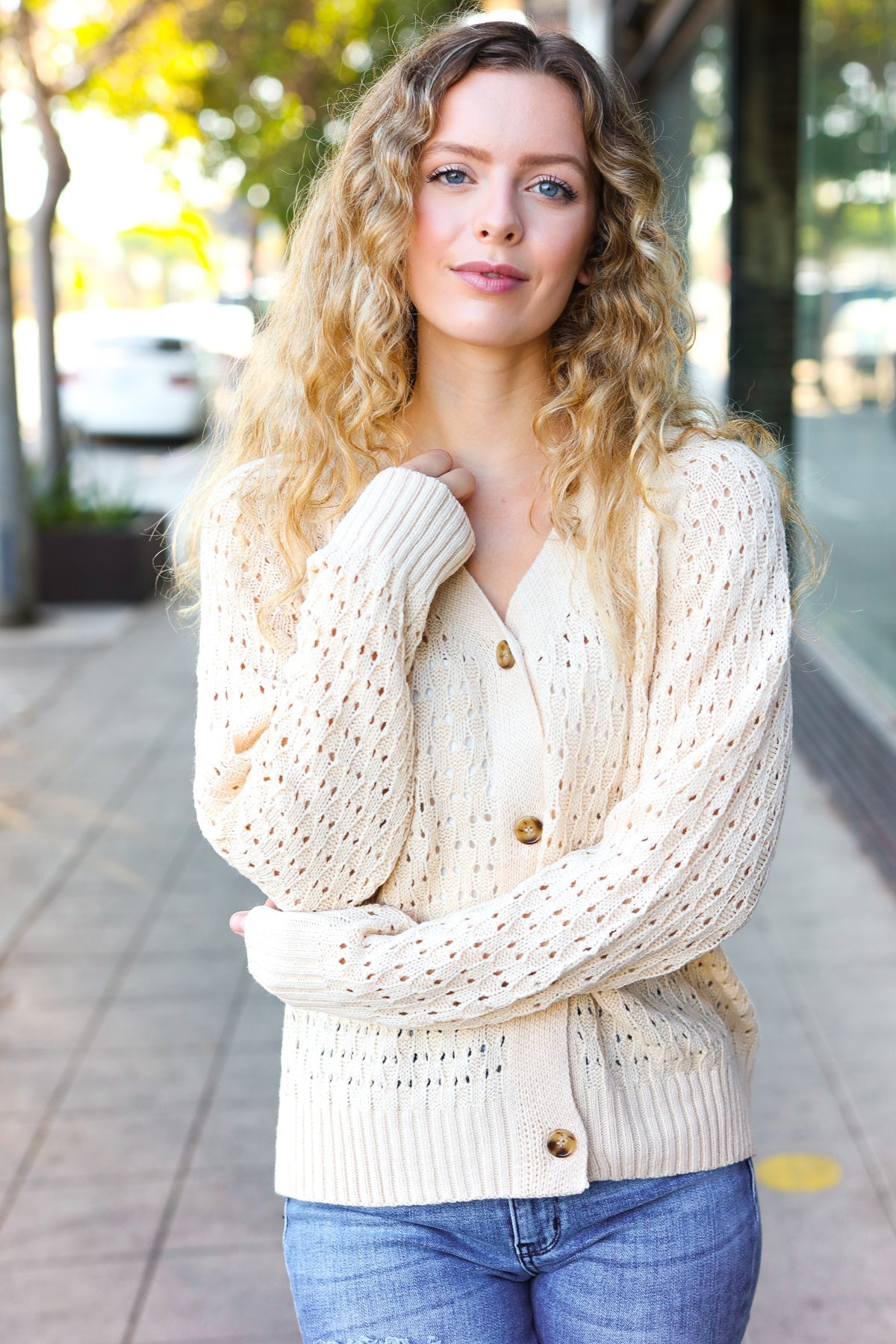 Maxct &Follow Me Oatmeal Pointelle Knit Button Down Cardigan