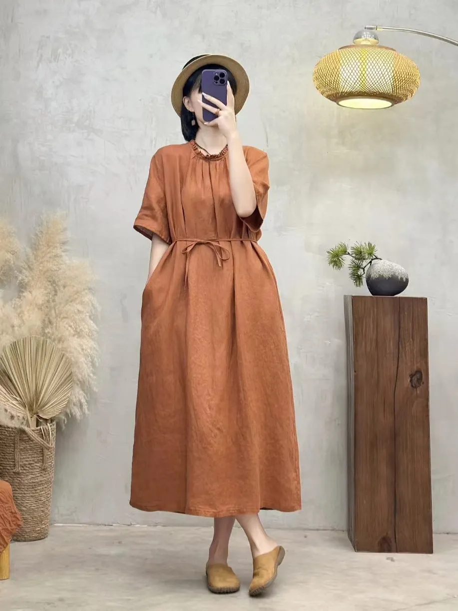 Maxct Retro Linen Ruffle Lapel Lace-Up Short Sleeves Dress
