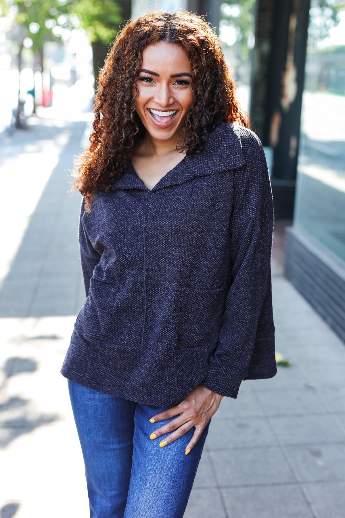 Maxct &Easy Living Charcoal Textured Knit Notch Neck Oversized Collar Sweater
