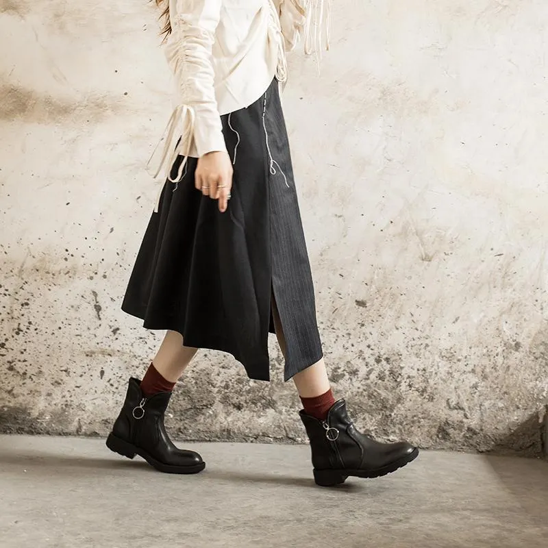 Waxing Sheepskin Short Boots Designer Retro Chunky Ankle Boots Dark Coffee/Black Maxct
