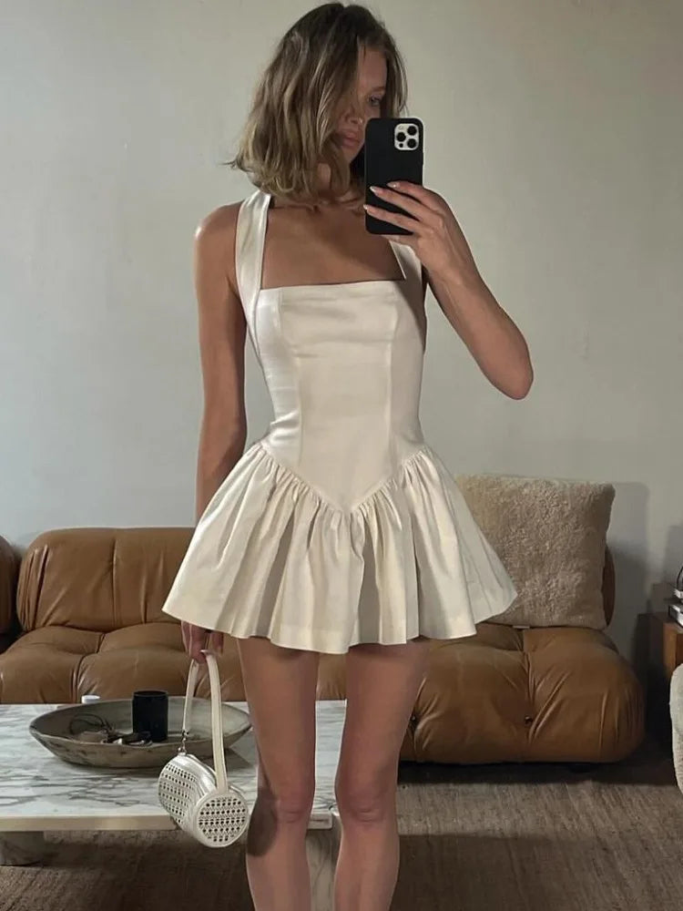 Maxct Frill Mini Halter Dress For Women Splice Sexy Backless A-Line Hem Lace Up High Waisted Female Beach Black Bodycon Dress