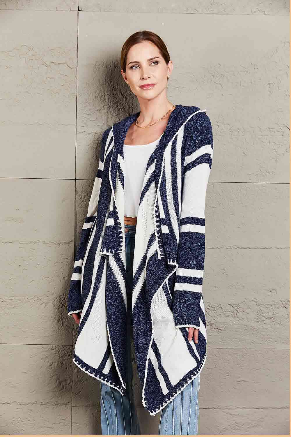 Maxct &Woven Right Striped Open Front Hooded Cardigan