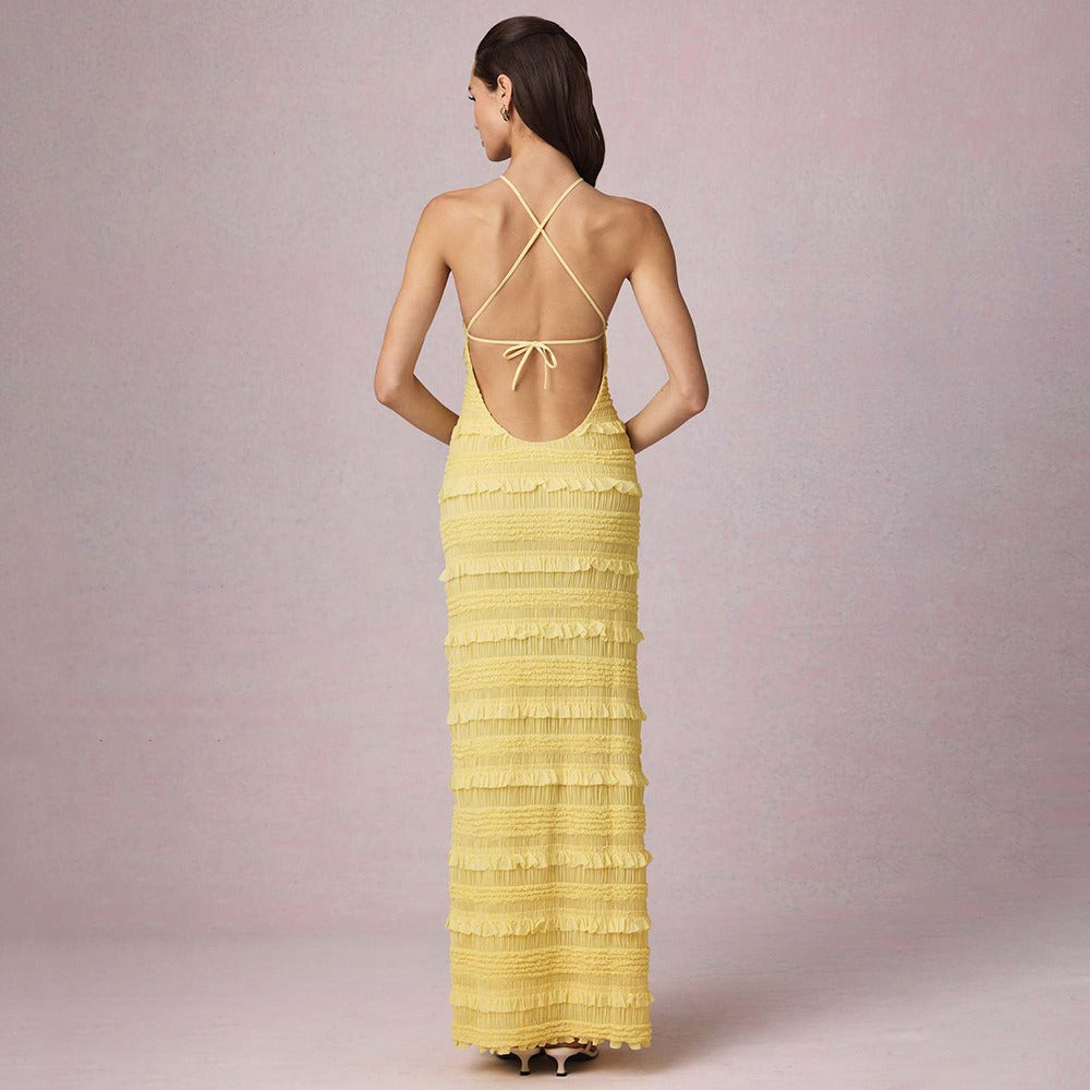 Ruffle Lace Backless Halter Neck Dress Maxct