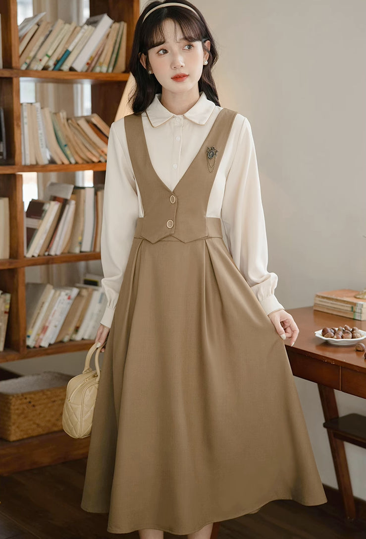 Basic Woven Vest Pinafore Dress / Blouse Maxct