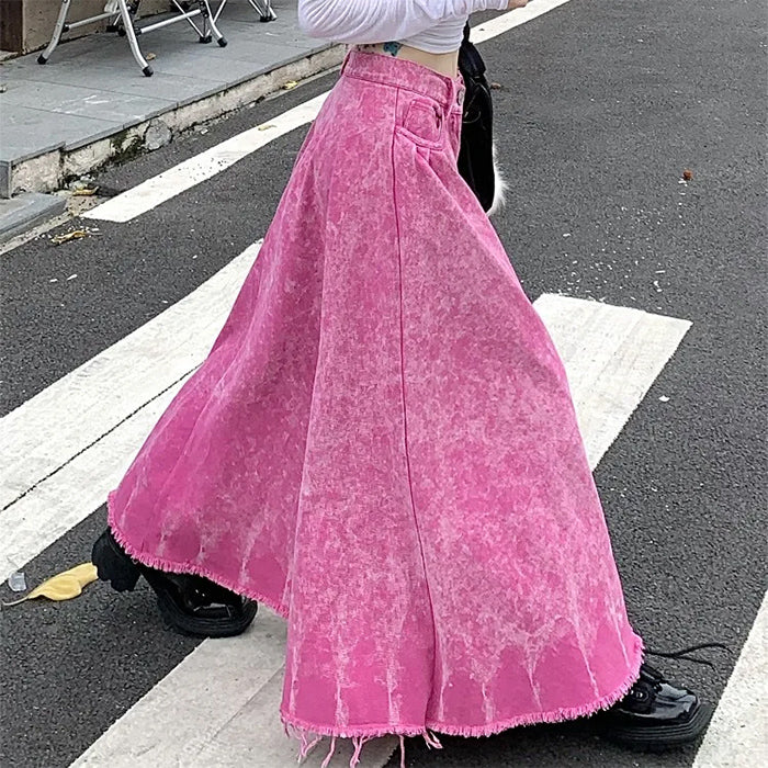 Pink Distressed Denim Maxi Skirt Maxct