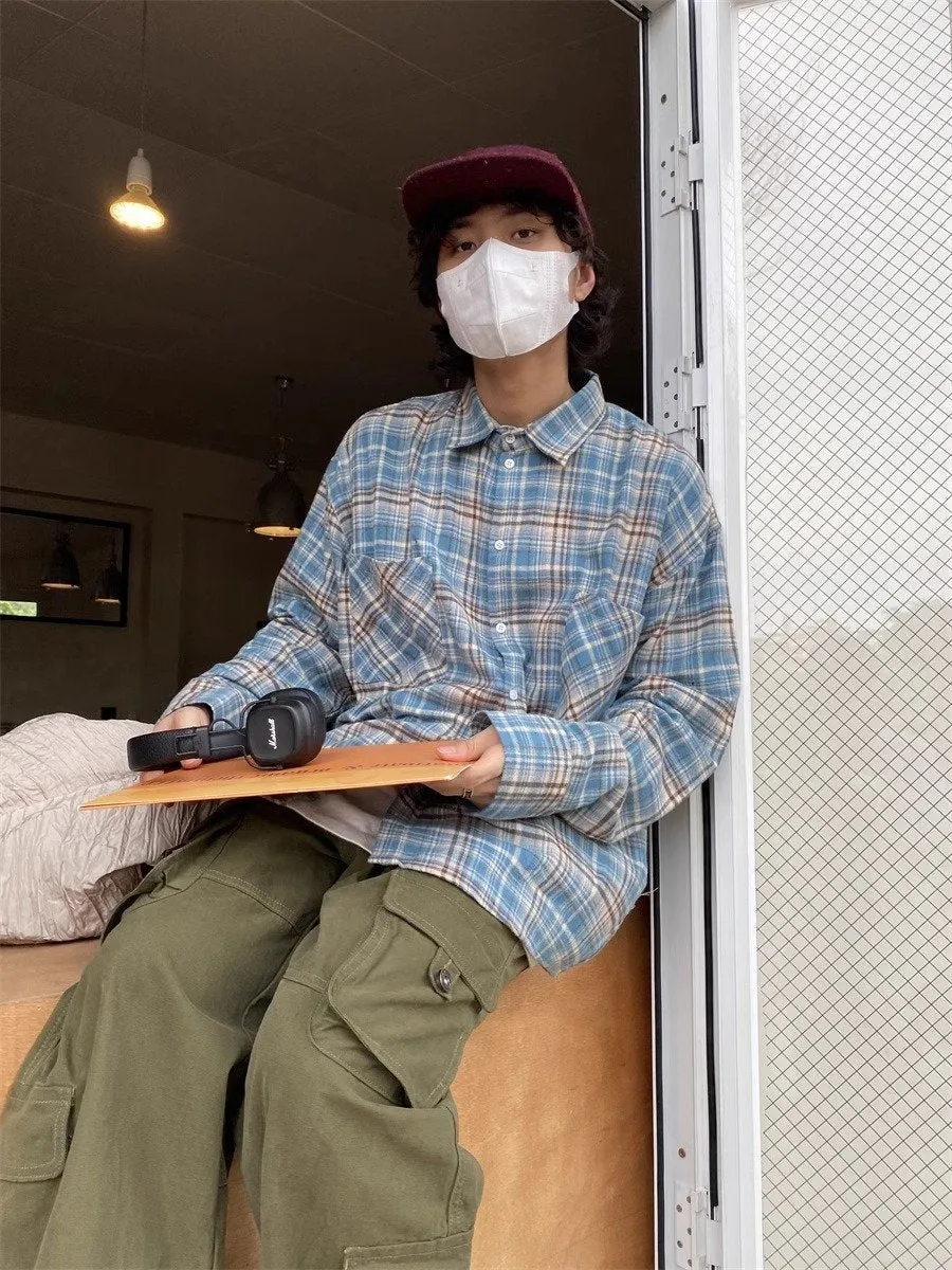 Maxct 90s Streetwear American Retro Plaid Shirt Men's Spring And Autumn New Loose Casual Lazy Style Long-sleeved Shirt All-match Coat Top