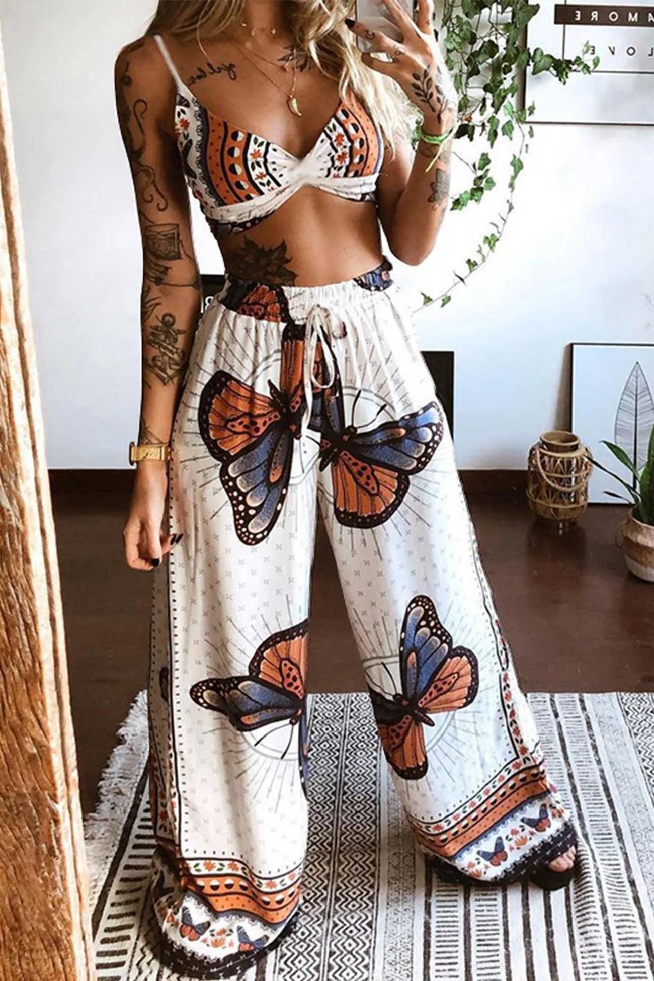 Maxct Butterfly Print Twisted Crop Top & Wide Leg Pants Set