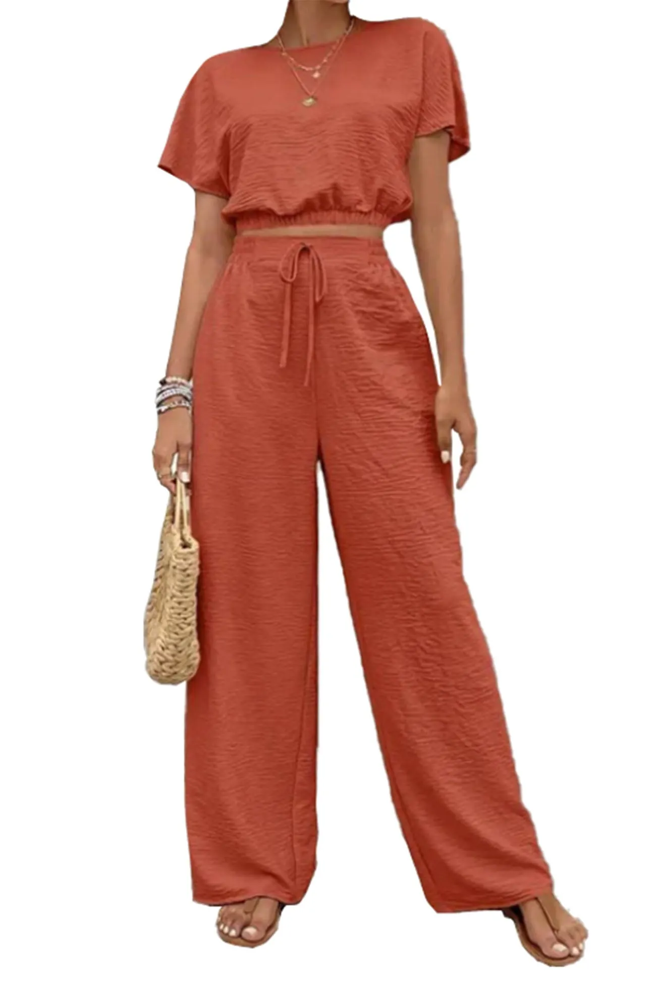 Maxct Batwing Sleeve Drawstring Straight Long Pants Set