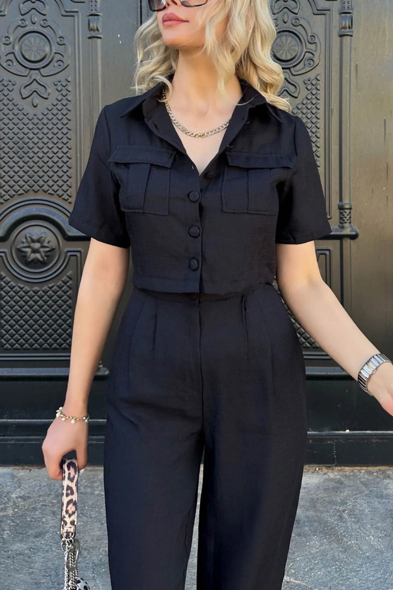 Maxct Solid Crop Blouse Long Pants Set