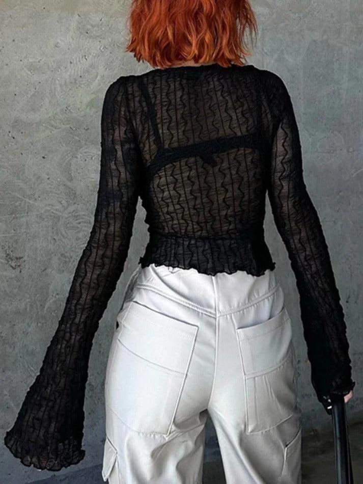 Maxct-Perspective Mesh Lace Up Long Sleeve Blouse
