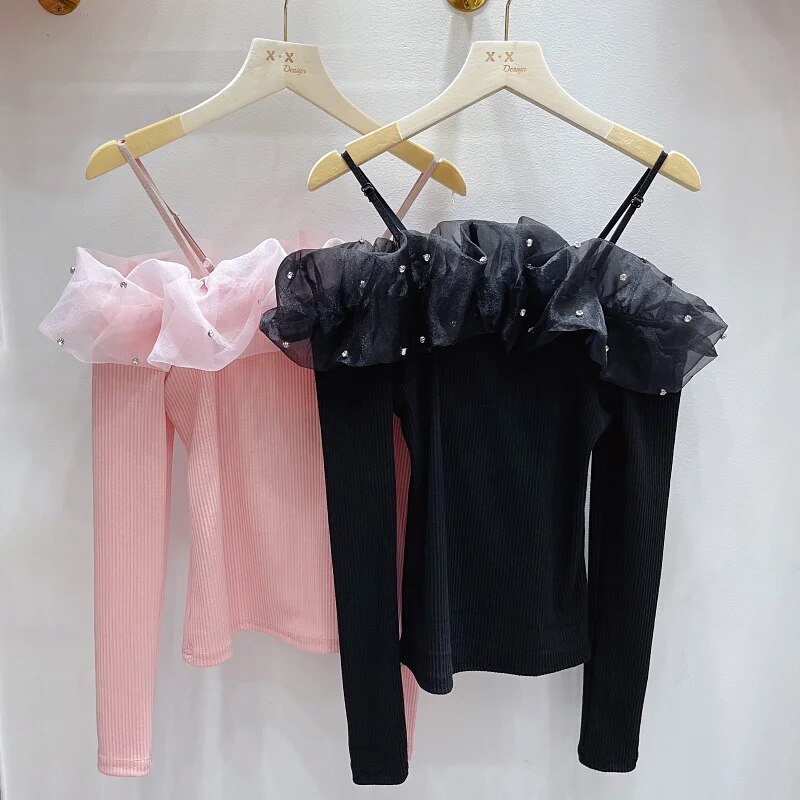 Maxct Neck T Shirts Girls Patched Beading Ruffles Stretch Tshirt Top Women Spring Summer Slim Tees