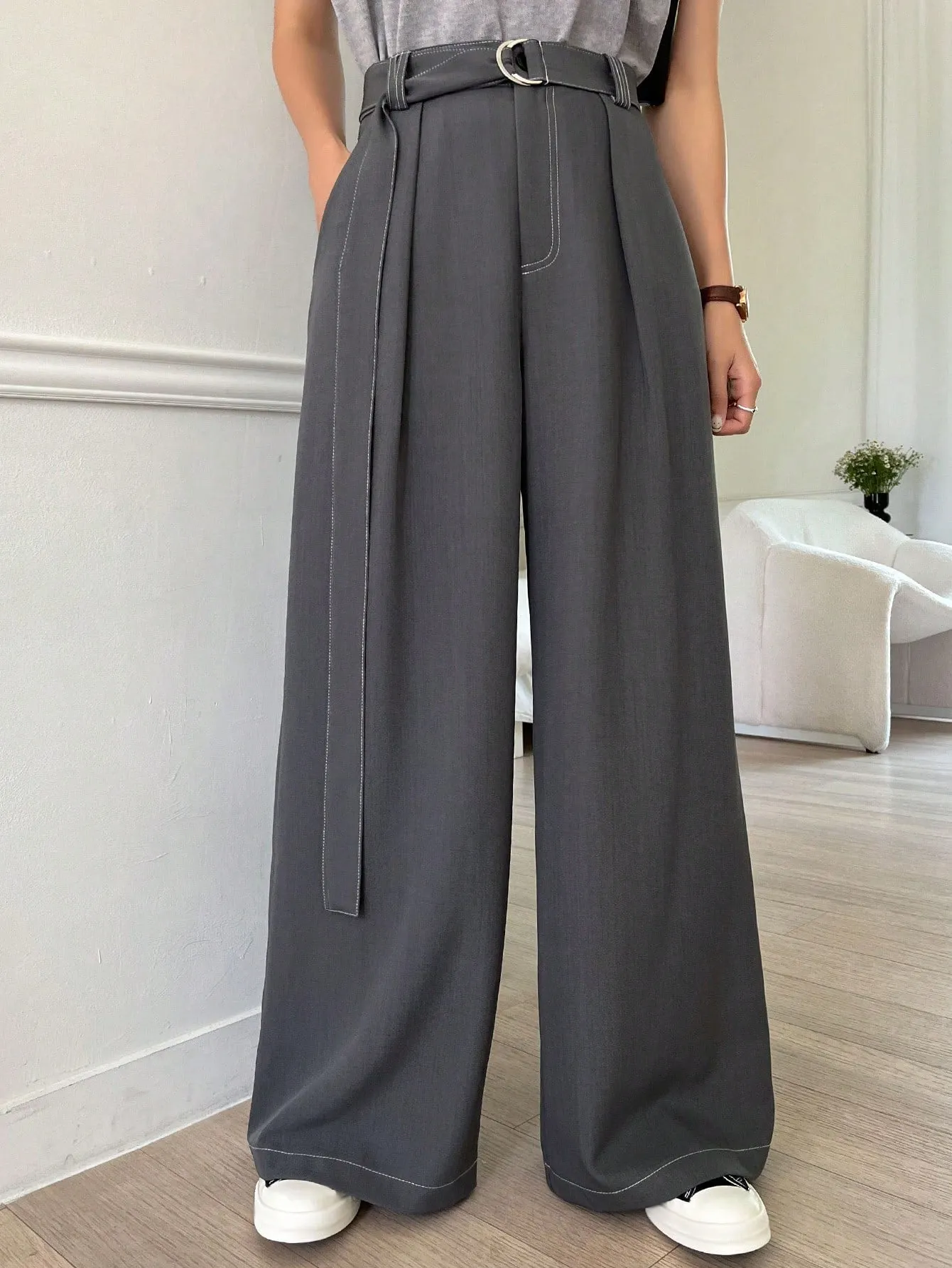 Maxct Stitching Decor Belted Wide-Leg Trousers With Pockets For Women's Suit Pants