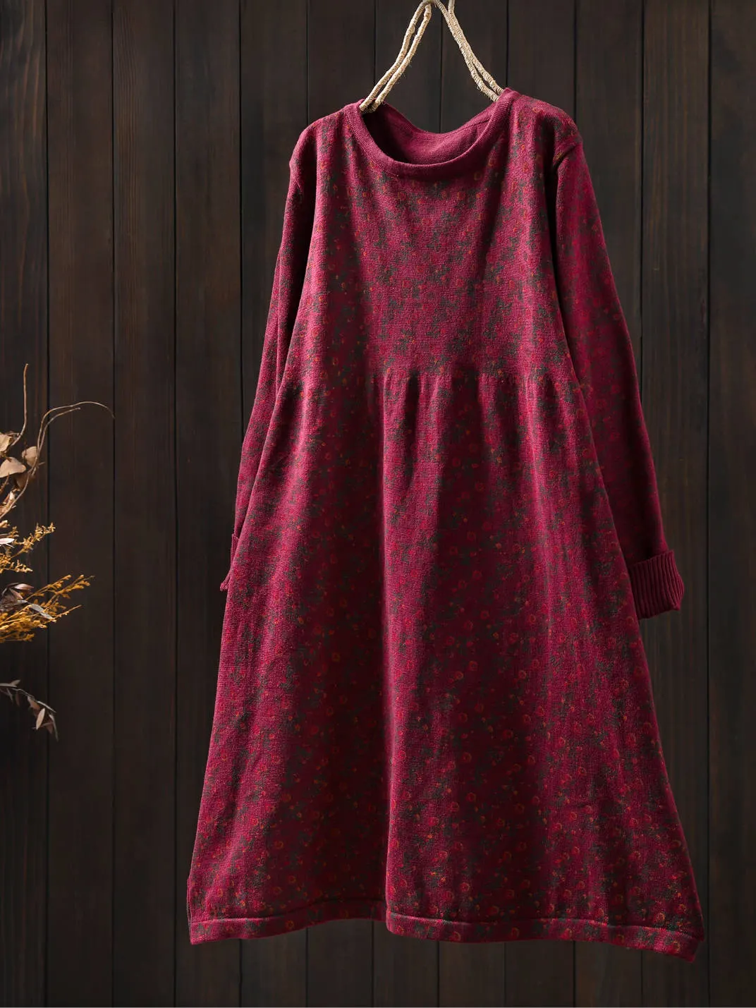 Retro Cotton Round Neck Floral Printed Loose Long Sleeves Dress
