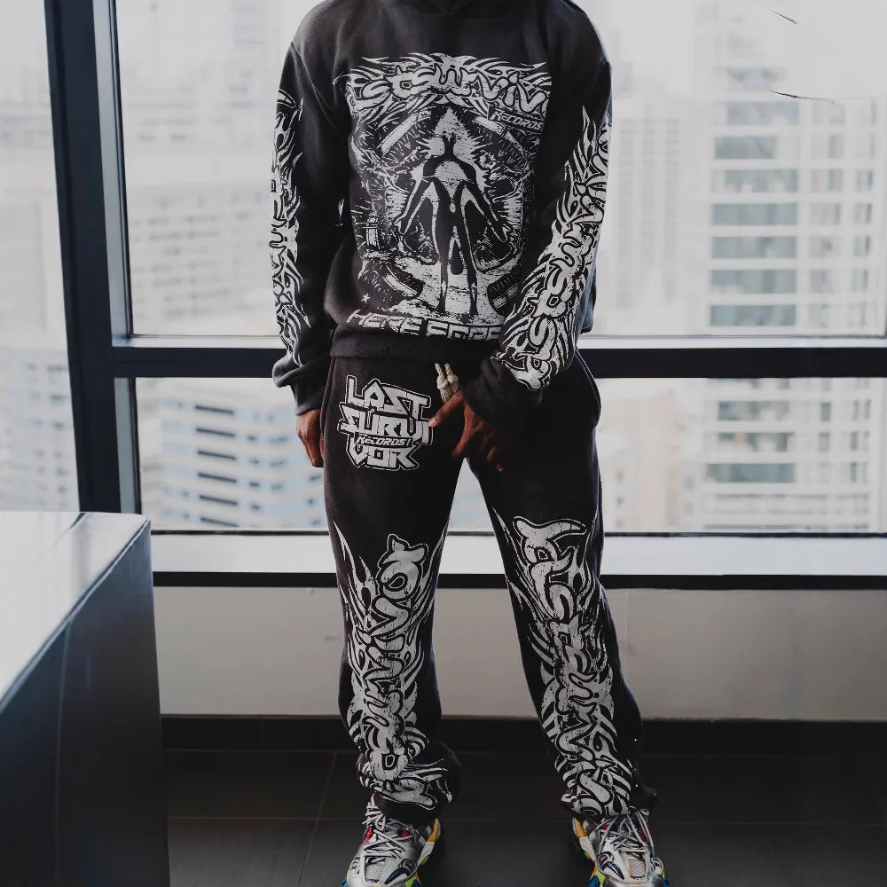 Maxct Y2k Sex Dark Punk Print Pattern Long Sleeved Pullover Hoodie Sweatshirt Casual Pants High Street Sweatpants Vintage Streetwear
