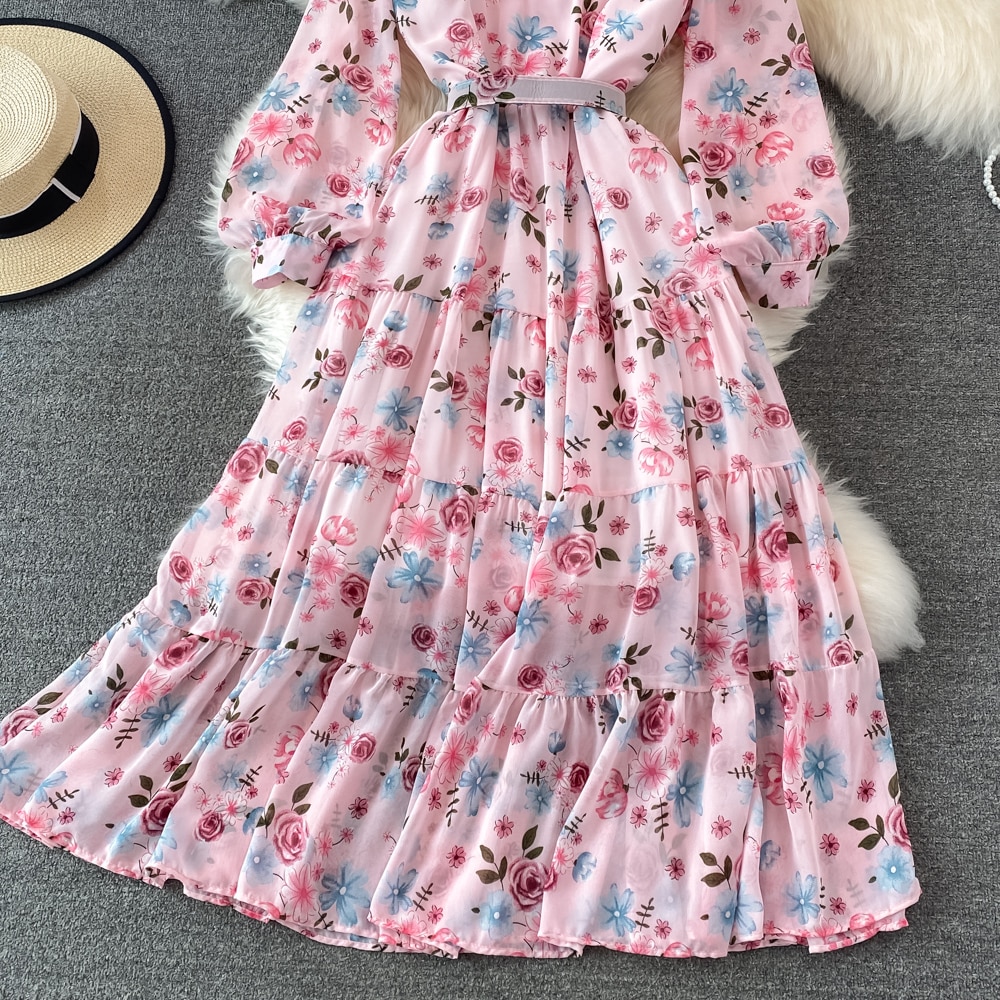 Floral Midi Dress Women Elegant V-Neck Lantern Long Sleeve High Waist Draped A-Line Casual Vestidos Female Spring Autumn