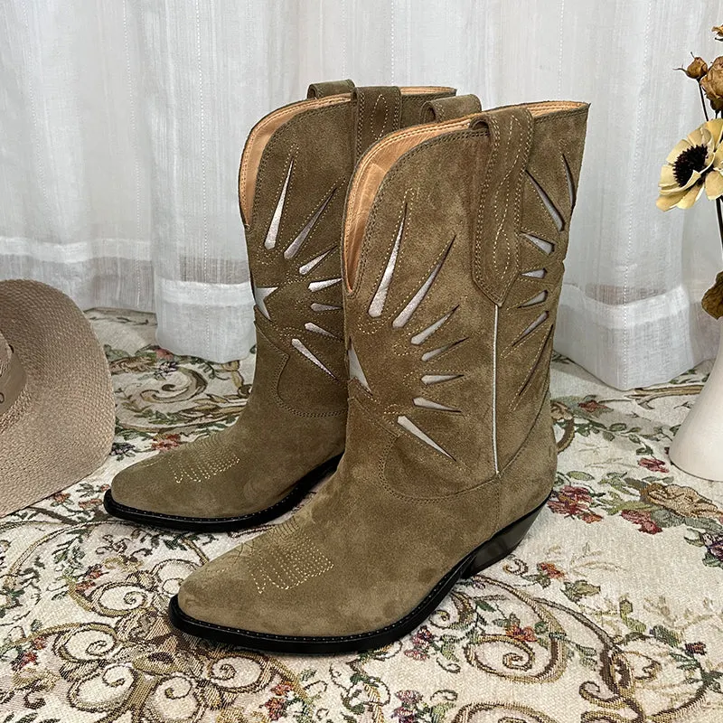 Womens Western Contrast-stitching Cowboy Boots - Suede Khaki/Black Cowgirl Boots Maxct