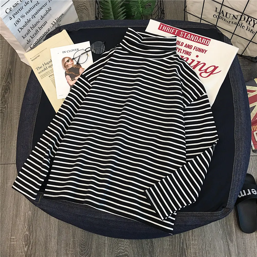 Maxct Long Sleeve T-shirts Women Striped Tshirts All-match Loose Basic Tops Leisure Korean Style Mujer Fashion Clothing Ins