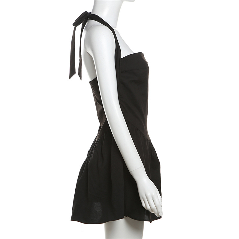 Frill Mini Halter Dress For Women Splice Sexy Backless A-Line Hem Lace Up High Waisted Female Beach Black Bodycon Dress