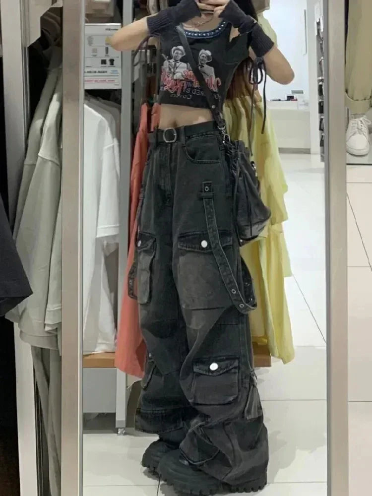 Emo Black Cargo Jeans for Women Maxct