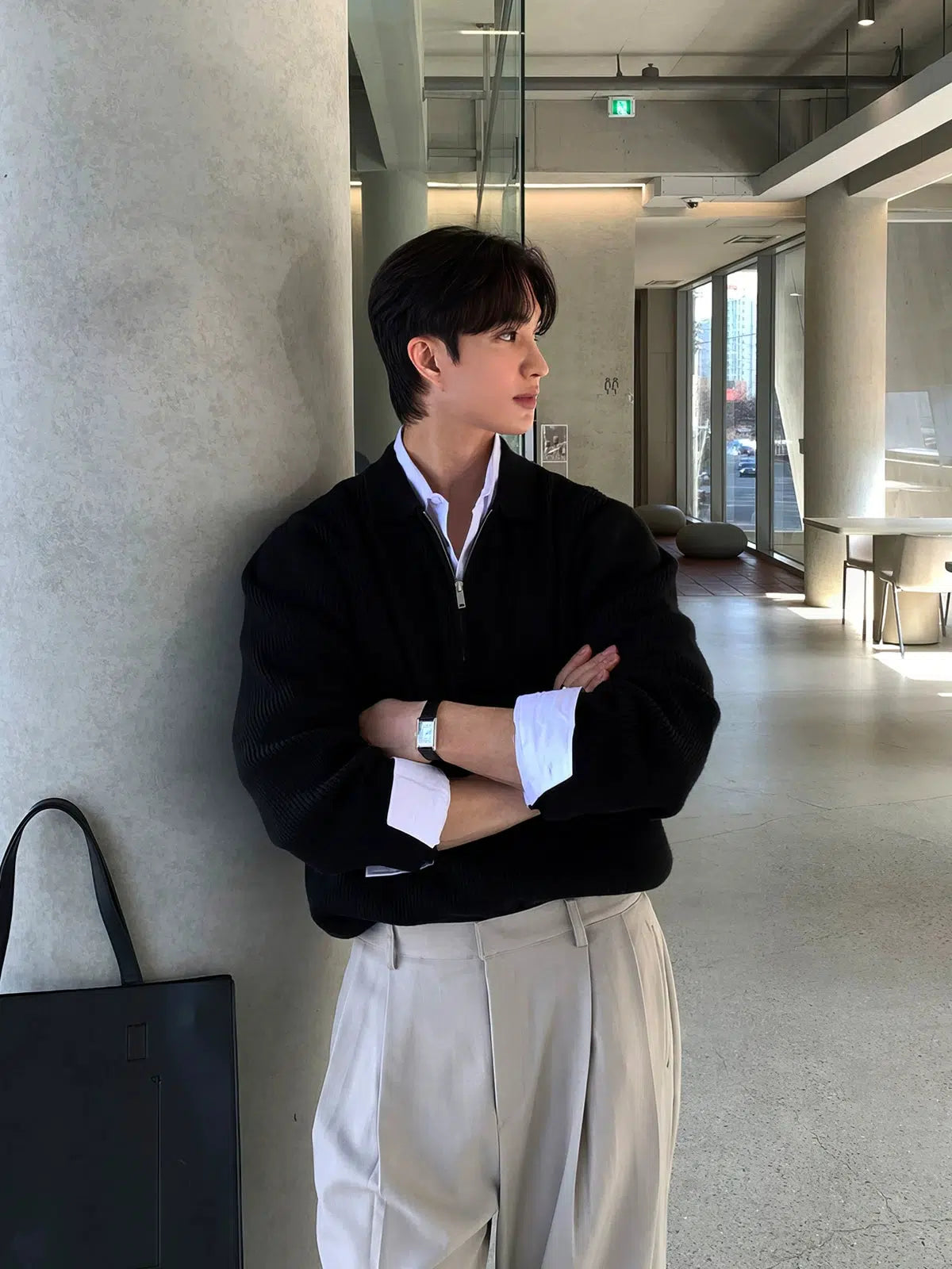 Maxct Pleated Half-zip Lapel Sweater
