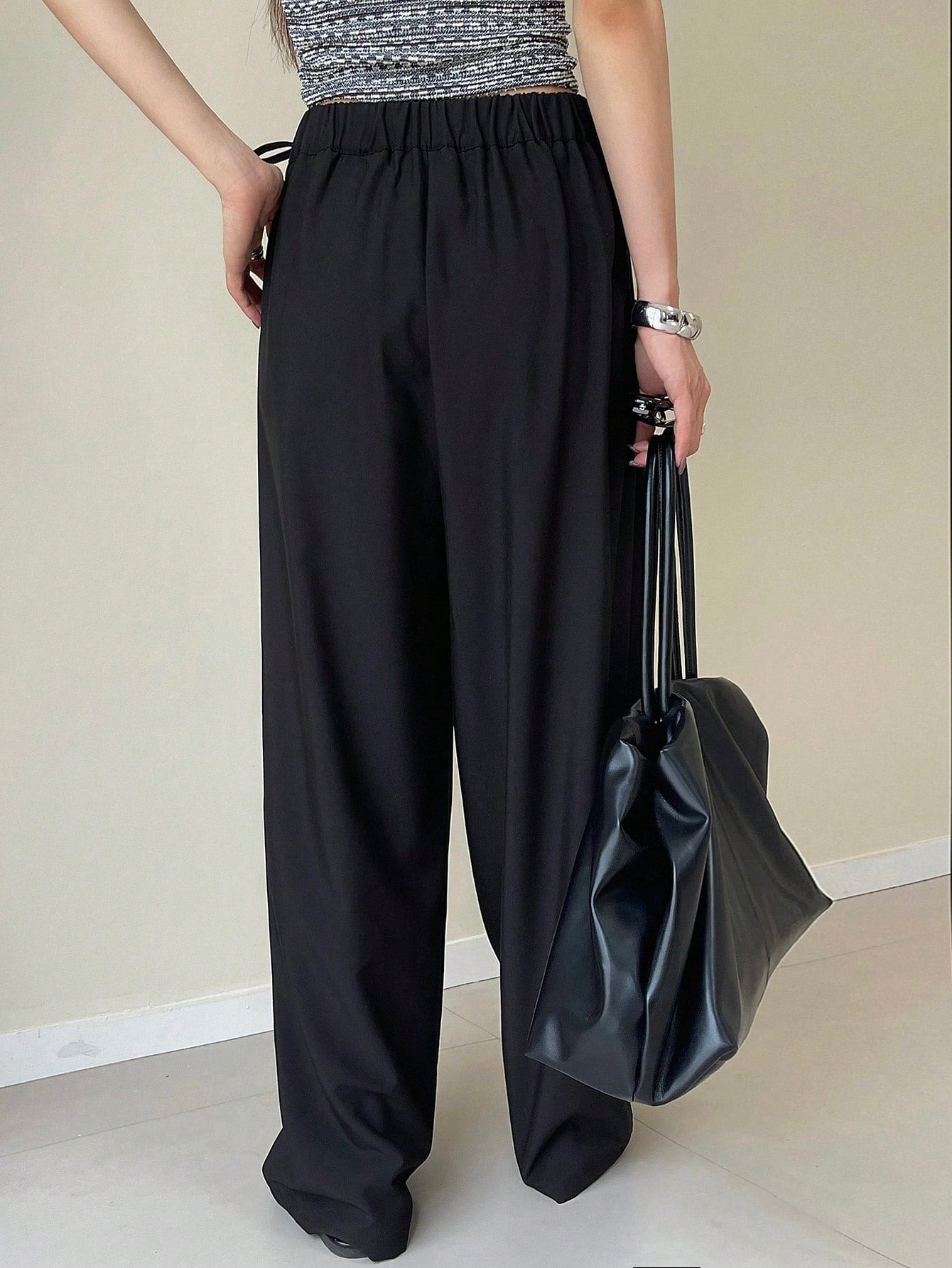 Maxct Solid Color Asymmetric Thin Strap Wide Leg Pants Women's Suit Trousers