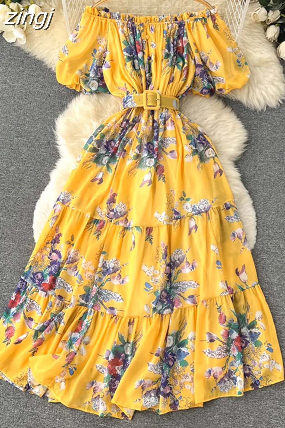 Maxct Bohemian Floral Chiffon Long Dress Women Sexy Off Shoulder Ruffle Puff Short Sleeve High Waist A-Line Big Swing Vestidos