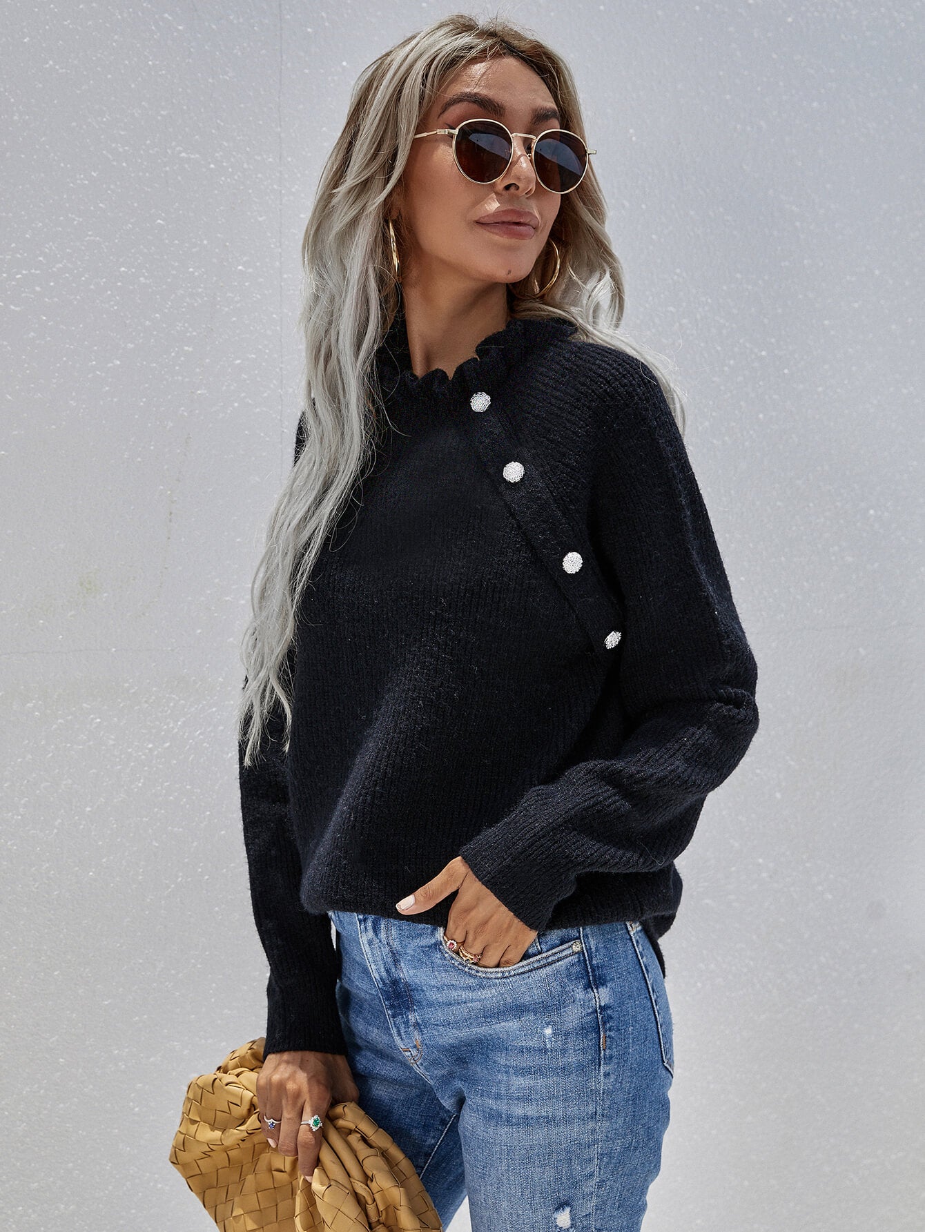 Maxct &Button Detail Frill Neck Rib-Knit Sweater
