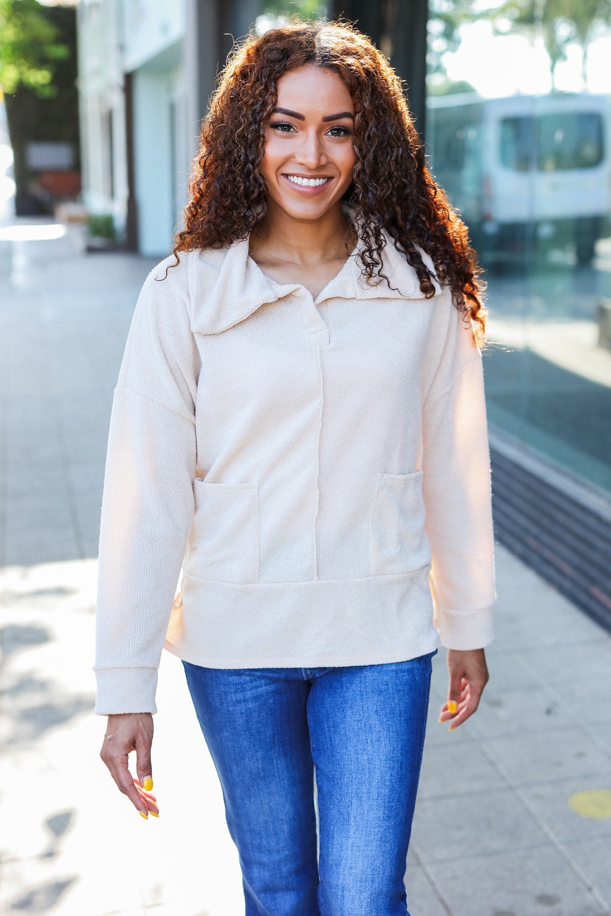 Maxct &Easy Living Oatmeal Textured Knit Notch Neck Oversized Collar Sweater