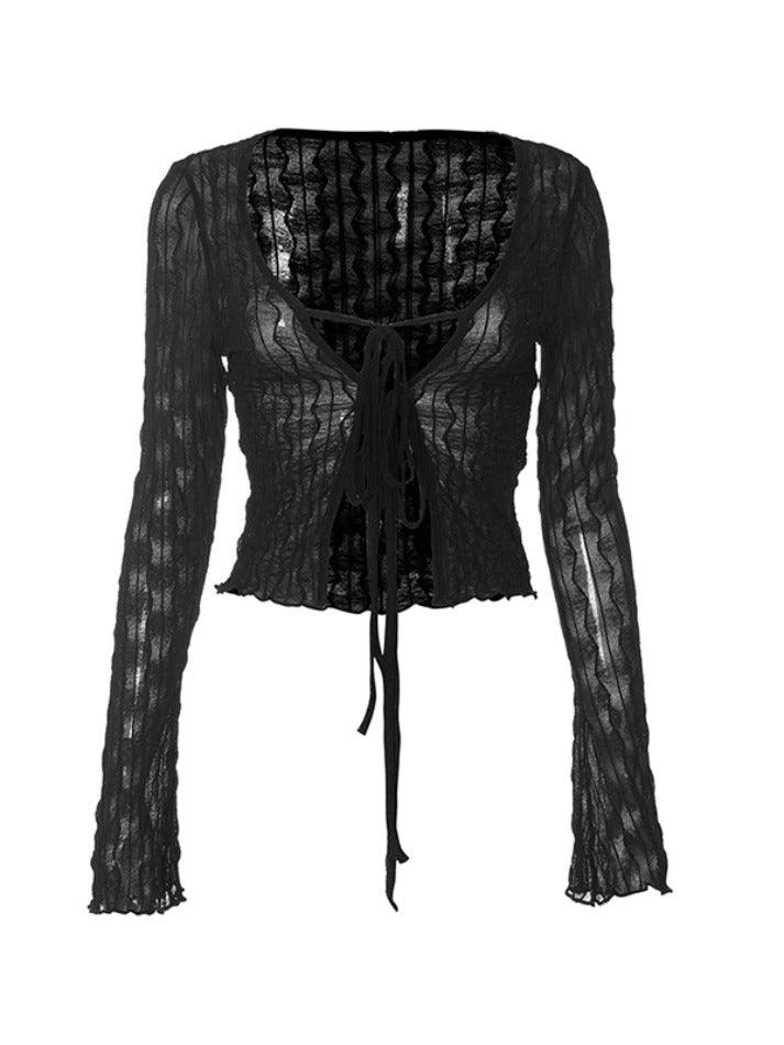 Maxct-Perspective Mesh Lace Up Long Sleeve Blouse