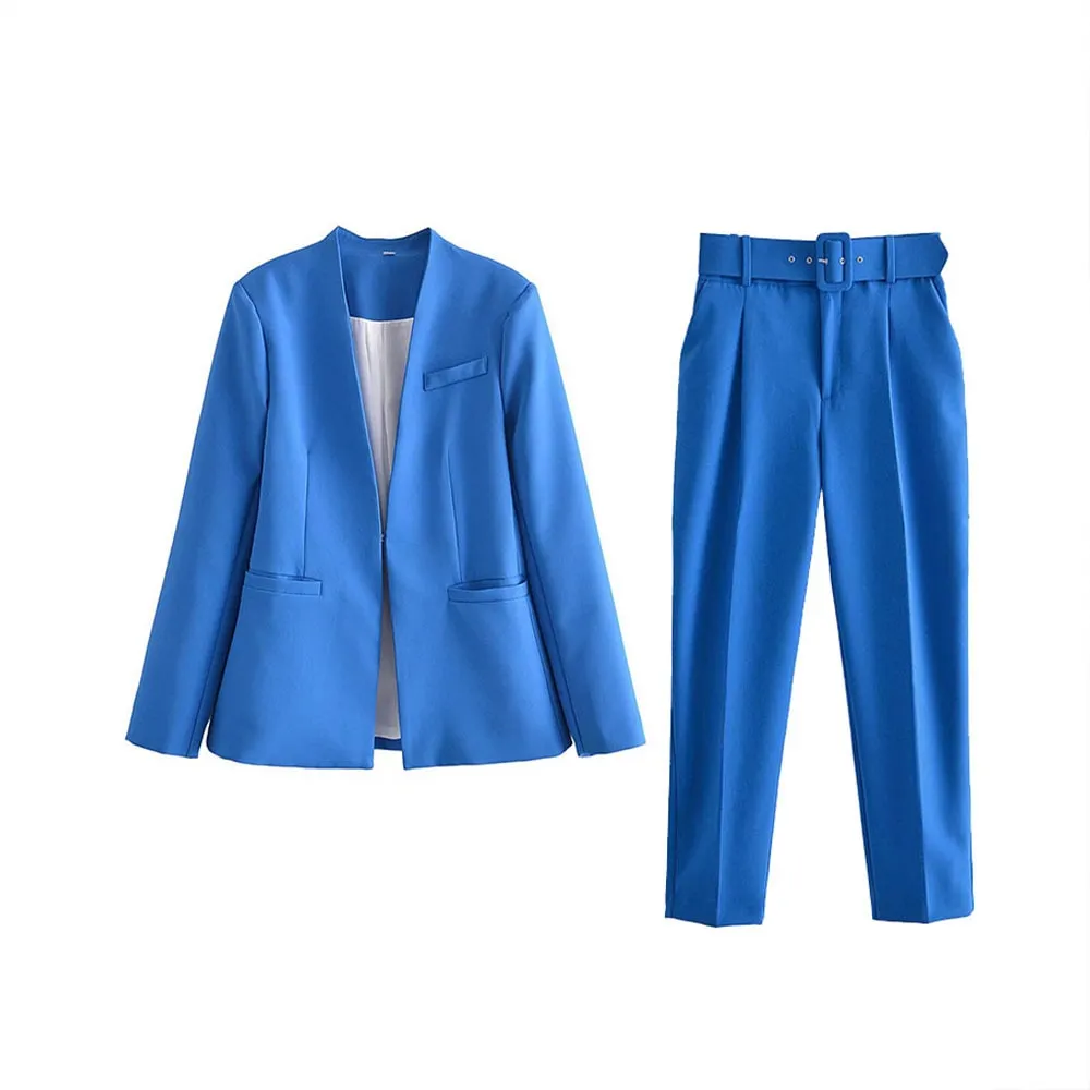 Maxct 2024 Women Fashion Two Pieces Sets Office Wear Blazers Coat And With Belt High Waist Pants Female