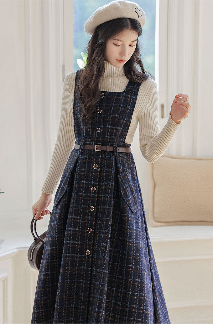 Button Up Plaid Pinafore Dress Maxct