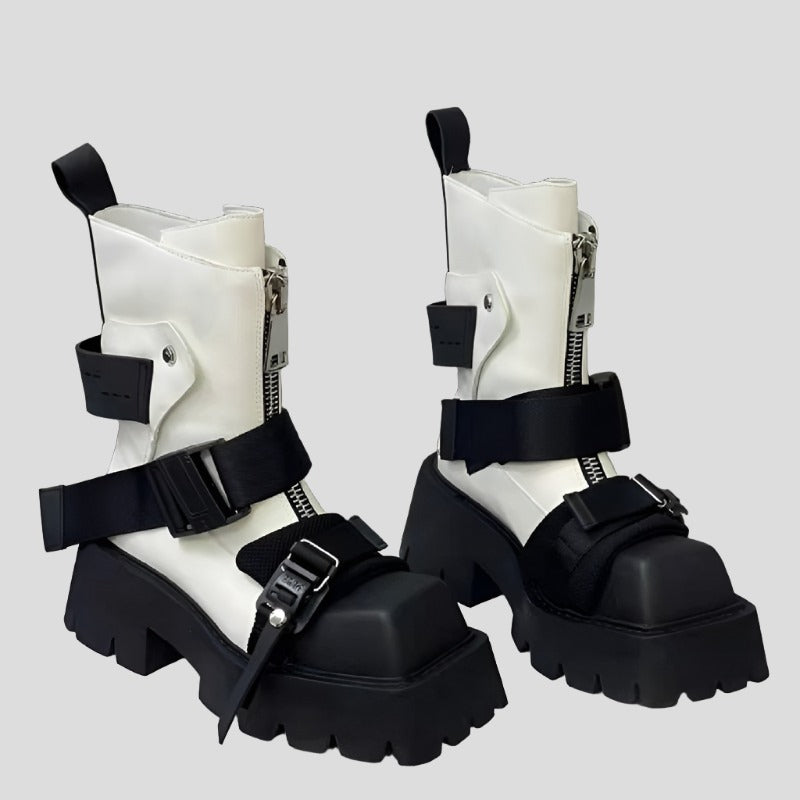 Belt Buckle Zipper Mid Calf Boots for Women Maxct